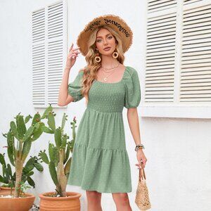Swiss Dot Smocked Square Neck Dress